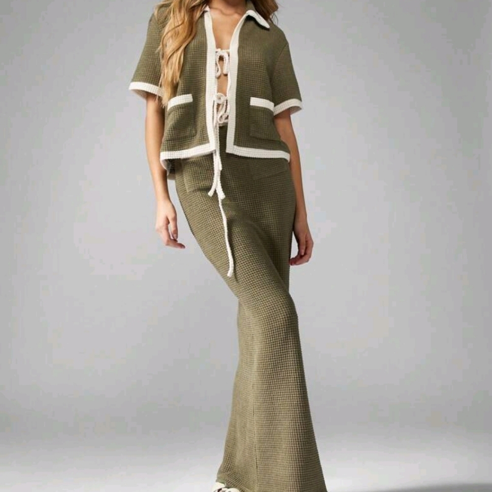 Crochet Knit Co-Ord Two Piece Set With Short Sleeve Collared Top And Maxi Skirt - Picture 1 of 5